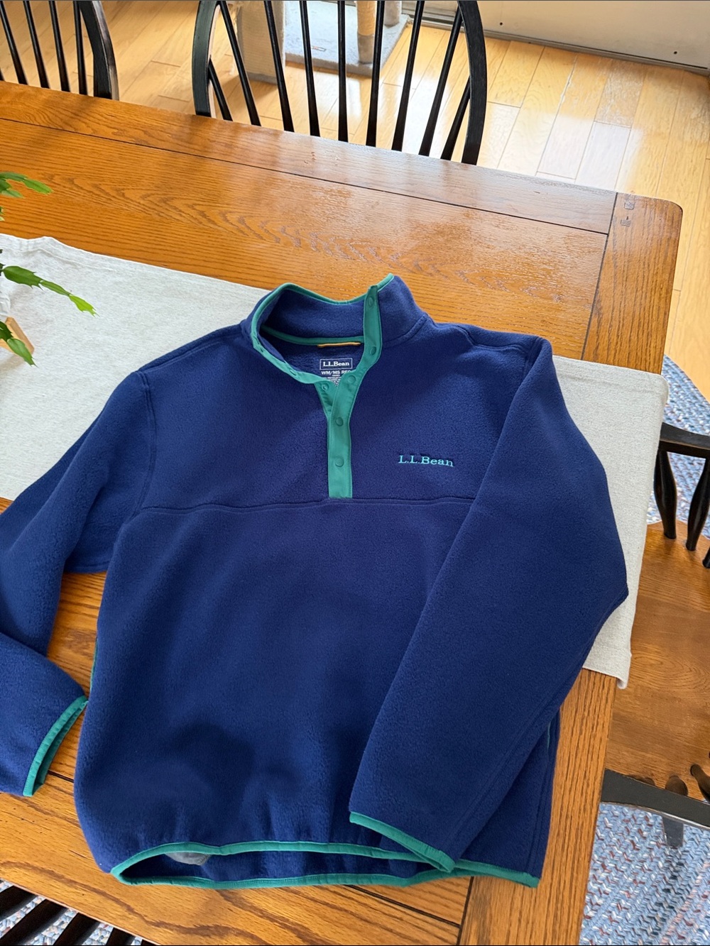 L.L. Bean Navy Fleece Zip Pullover with Green Trim